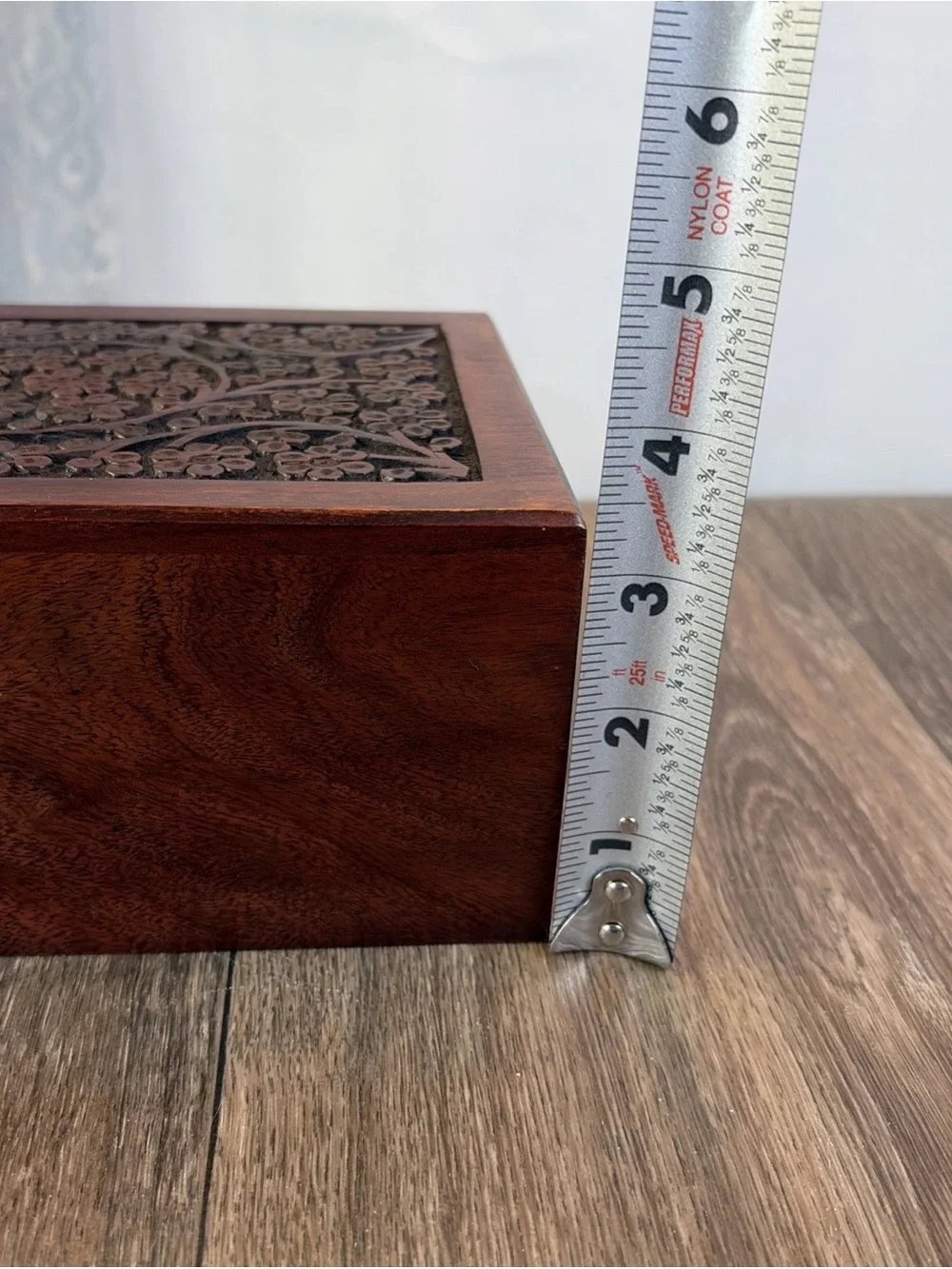 Hand-Carved Wooden Storage Box in Dark Brown